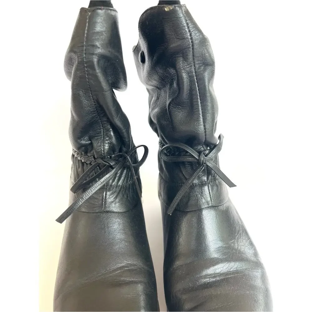 Women's Black Leather Slouch Ankle Booties with Braided Tie